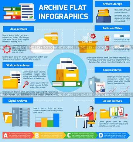  Archive Infographic Set . Archive infographic set with audio and video archives symbols flat vector illustration . Стоковая иллюстрация, агентство Ingram Publishing / Фотобанк Лори