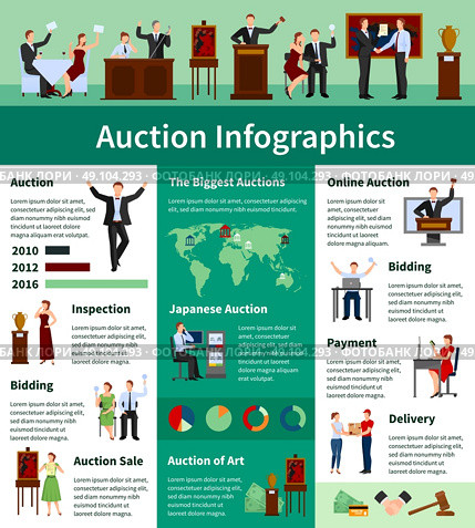  Auction Sales Worldwide Flat Infographic Banner . Upcoming international biggest auctions sales lists bids calendar and information worldwide flat infographic banner abstract vector illustration. Стоковая иллюстрация, агентство Ingram Publishing / Фотобанк Лори