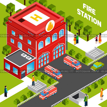  Fire Department Building  Isometric Concept.  Design concept of  fire department building with  fire trucks and people on sidewalks isometric vector illustration. Стоковая иллюстрация, агентство Ingram Publishing / Фотобанк Лори