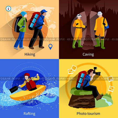 Tourism Icons Set. Tourism icons set with hiking caving rafting and photo tourism symbols flat isolated vector illustration. Стоковая иллюстрация, агентство Ingram Publishing / Фотобанк Лори