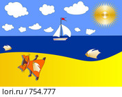 Кот загорает на морском побережье и мечтает о рыбке. Стоковая иллюстрация, иллюстратор Алексей Лебедев-Реллер / Фотобанк Лори