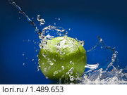Зеленое яблоко с всплеском воды на синем фоне. Стоковое фото, фотограф Ярослав Данильченко / Фотобанк Лори