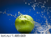 Зеленое яблоко с всплеском воды на синем фоне. Стоковое фото, фотограф Ярослав Данильченко / Фотобанк Лори