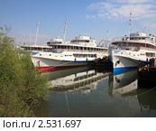 Водоизмещающие пассажирские суда в затоне (2011 год). Редакционное фото, фотограф Юлия Машкова / Фотобанк Лори