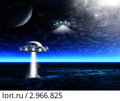 Ночной ландшафт с инопланетными НЛО. Стоковая иллюстрация, иллюстратор ElenArt / Фотобанк Лори