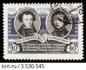 А.С.Пушкин и Адам Мицкевич. Почтовая марка 1955 год. Стоковая иллюстрация, иллюстратор Александр Щепин / Фотобанк Лори
