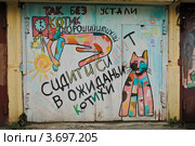 "Котик". Гараж, расписанный Стариком Букашкиным (Е.М. Малахиным) и его единомышленниками из общества "Картинник" (2012 год). Редакционное фото, фотограф Елена Ермоленко / Фотобанк Лори