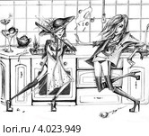 Девушки дерутся на кухне. Рисунок. Стоковая иллюстрация, иллюстратор Сергей Костарев / Фотобанк Лори