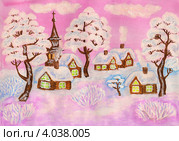 Рождественская открытка, зимний пейзаж в розовых тонах, использованы акварель, гуашь, акрил. Стоковая иллюстрация, иллюстратор ИВА Афонская / Фотобанк Лори