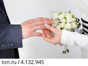 Невеста надевает жениху обручальное кольцо. Крупный план, изолировано. Стоковое фото, фотограф Сорокина Юлия / Фотобанк Лори