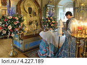 Смоленская икона Божией матери в Новодевичьем монастыре, митрополит Крутицкий и Коломенский Ювеналий (2012 год). Редакционное фото, фотограф Дмитрий Неумоин / Фотобанк Лори