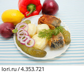 Порция картошки с жареными кусочками сига, солеными огурцами и красным луком. Стоковое фото, фотограф Наталья Осипова / Фотобанк Лори