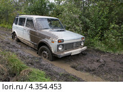 Автомобиль "Нива" застрял в луже (2012 год). Редакционное фото, фотограф Dmitry29 / Фотобанк Лори