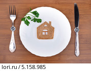 Хлебный домик на тарелке и прикрепленные к столу столовые приборы. Концепция оплаты долгов по ипотечному кредитованию. Стоковое фото, фотограф Элина Гаревская / Фотобанк Лори