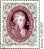 Вольфганг Амадей Моцарт (Joannes Chrysostomus Wolfgang Theophilus Mozart) — австрийский композитор, капельмейстер, пианист, скрипач, клавесинист, органист. Почтовая марка Австрии. Редакционная иллюстрация, иллюстратор Евгений Мухортов / Фотобанк Лори