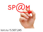 Рука пишет слово "Spam" красным маркером. Стоковое фото, фотограф Ивелин Радков / Фотобанк Лори