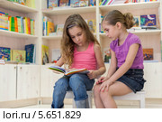 Две девочки внимательно читают книгу в детской библиотеке на фоне книжных полок. Стоковое фото, фотограф Losevsky Pavel / Фотобанк Лори