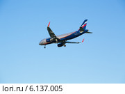 Самолет Airbus A320 авиакомпании "Аэрофлот" заходит на посадку в аэропорту Шереметьево (2014 год). Редакционное фото, фотограф Александр Фрейдин / Фотобанк Лори