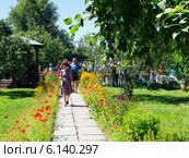 Туристы гуляют в саду усадьбы дома-музея братьев Пироговых в селе Новоселки Рязанской области (2014 год). Редакционное фото, фотограф Александр Мишков / Фотобанк Лори