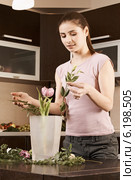 Young woman arranging flowers in the vase. Стоковое фото, агентство BE&W Photo / Фотобанк Лори