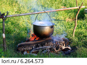 Уха варится в котелке на костре. Стоковое фото, фотограф Елена Кутепова / Фотобанк Лори