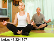 Elderly couple having yoga at home. Стоковое фото, фотограф Яков Филимонов / Фотобанк Лори