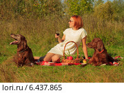Молодая женщина с собаками отдыхает на природе с бокалом вина. Стоковое фото, фотограф Елена Кутепова / Фотобанк Лори