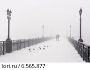 Пара на мосту в пасмурный зимний день. Стоковое фото, фотограф Елена Кирьян / Фотобанк Лори