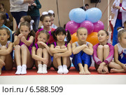 Юные гимнасты готовятся к мастер-классу олимпийского чемпиона Алексея Немова в спортивном зале спортивной гимнастики Динамо стадиона Олимпийский в городе Москве, 25 октября 2014. Редакционное фото, фотограф Николай Винокуров / Фотобанк Лори