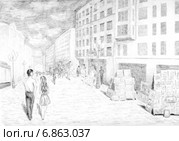 Старый Арбат. Рисунок графитовым карандашом. Стоковая иллюстрация, иллюстратор Olga Nikolaeva / Фотобанк Лори