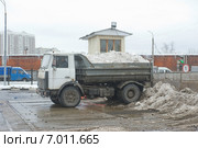 Самосвал МАЗ около снегодробилки на снегоплавильном пункте, Москва (2015 год). Редакционное фото, фотограф Малышев Андрей / Фотобанк Лори
