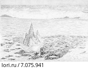 На берегу моря. Рисунок графитовым карандашом. Стоковая иллюстрация, иллюстратор Olga Nikolaeva / Фотобанк Лори