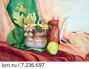 Натюрморт акварелью с чайником, горшком и грушей. Стоковая иллюстрация, иллюстратор Emelinna / Фотобанк Лори