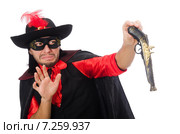 Young man in carnival coat with gun isolated on white. Стоковое фото, фотограф Elnur / Фотобанк Лори
