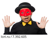 Young man in black costume and red mask isolated on white. Стоковое фото, фотограф Elnur / Фотобанк Лори