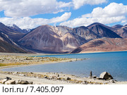 Панорама высокогорного озера Пангонг Цо (Pangong Tso) в Гималаях и окружающих гор со сложенными из камней буддийскими ступами на переднем плане на фоне синего облачного неба в солнечный день (2012 год). Стоковое фото, фотограф Олег Иванов / Фотобанк Лори