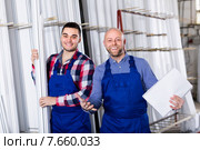 Two smiling workmen at factory. Стоковое фото, фотограф Яков Филимонов / Фотобанк Лори