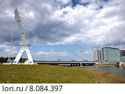 Вантовый  однопролетный стальной подвесной мост теплопровод, пересекающий реку Дудергофку в Красносельском районе Санкт-Петербурга (2015 год). Редакционное фото, фотограф Владимир Григорьев / Фотобанк Лори