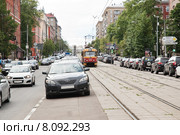 Трамвай на улице Кржижановского в Москве (2015 год). Редакционное фото, фотограф Алёшина Оксана / Фотобанк Лори