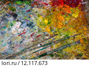 Colorful paint brush on wooden artistic pallette. Стоковое фото, фотограф Николай Винокуров / Фотобанк Лори