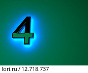 Светящаяся голубым светом глянцевая черная цифра 4 на зеленом фоне. Голубое неоновое свечение. Стоковая иллюстрация, иллюстратор Владимир Хапаев / Фотобанк Лори