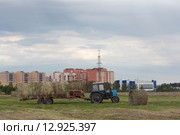 Трактор убирает летом сено на у подмосковного города Шатура (2015 год). Редакционное фото, фотограф Дмитрий Неумоин / Фотобанк Лори