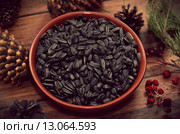 Вкусные черные семечки подсолнуха в глиняной посуде на коричневом фоне с шишками готовые скрасить любой вечер русского человека в зимние вечера. Стоковое фото, фотограф Svetlana Agaeva / Фотобанк Лори