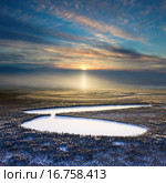 Forest lake during a winter sunset, top view. Стоковое фото, фотограф Владимир Мельников / Фотобанк Лори