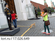 Молодые дамочки фотографируются с солдатом почётного караула у Спасской башни Московского кремля (2015 год). Редакционное фото, фотограф Дмитрий Неумоин / Фотобанк Лори