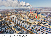 Городская ТЭЦ зимой, вид с высоты. Тюмень, Россия. Стоковое фото, фотограф Сергей Буторин / Фотобанк Лори