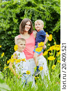 Young smiling woman stands with two little sons on flower glade in park, she holds youngest son in her arms. Стоковое фото, фотограф Losevsky Pavel / Фотобанк Лори