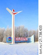 Стела зимой с названием города Надыма, Ямало-Ненецкий автономный округ (2010 год). Редакционное фото, фотограф Григорий Писоцкий / Фотобанк Лори
