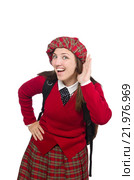 Girl in scottish tartan clothing isolated on white. Стоковое фото, фотограф Elnur / Фотобанк Лори