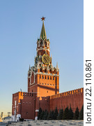 Спасская башня Московского Кремля. Вид с Красной площади на закате зимнего дня. Москва (2016 год). Стоковое фото, фотограф Владимир Устенко / Фотобанк Лори